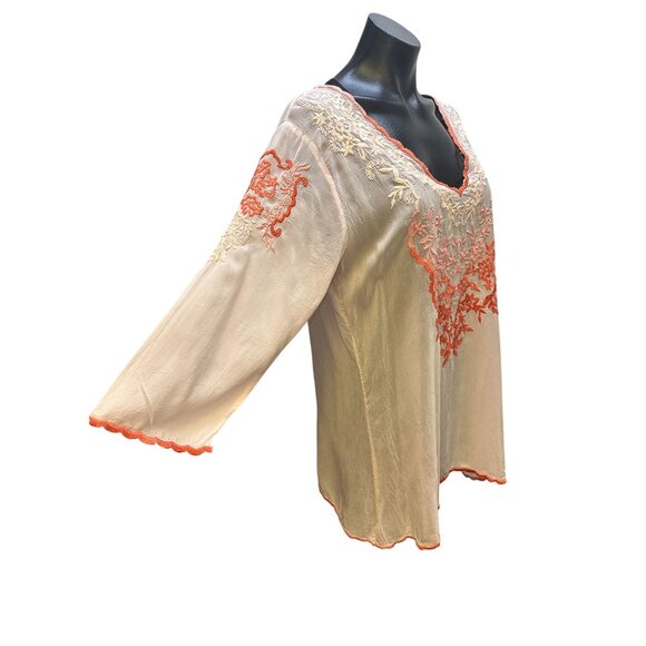 Johnny Was Sheer Pink Tunic Blouse w/Coral & Pink Embroidered Floral Design Size - Picture 4 of 8